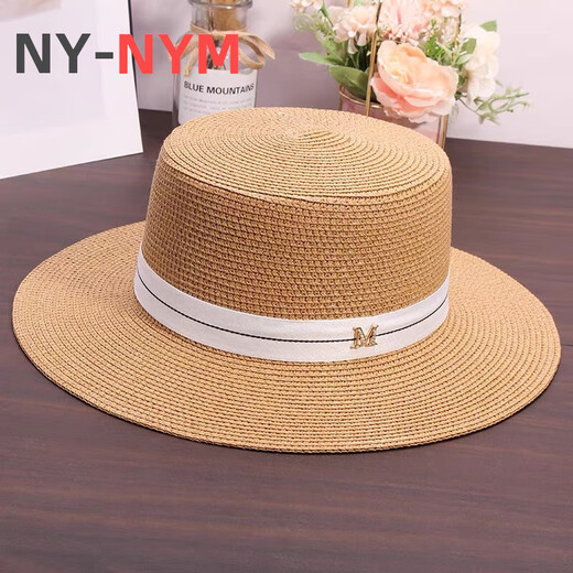 NY-NYM webbing M label straw hat for women summer British retro flat top fresh top hat sun protection beach hat white M (56-58cm)