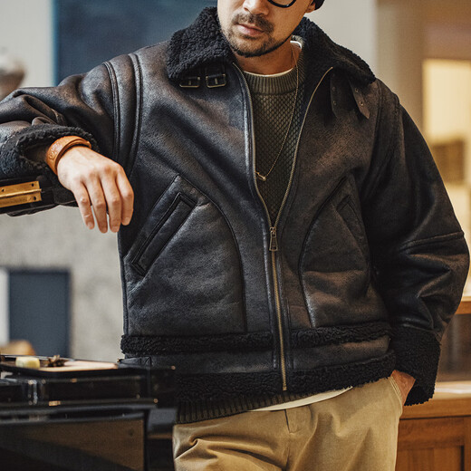 Madden American Retro B3 Bomber Leather Jacket Fur One-piece Plus Velvet Thickened Motorcycle Suede Jacket Men's Winter Brown S