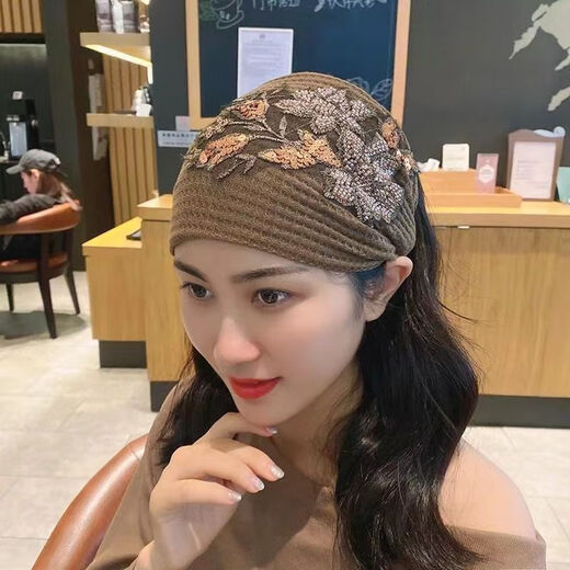 Scarf, hair accessories, woolen knitted headband, wide-brimmed autumn and winter warm headscarf for women, ear protection, headband to cover gray hair, rose-khaki color