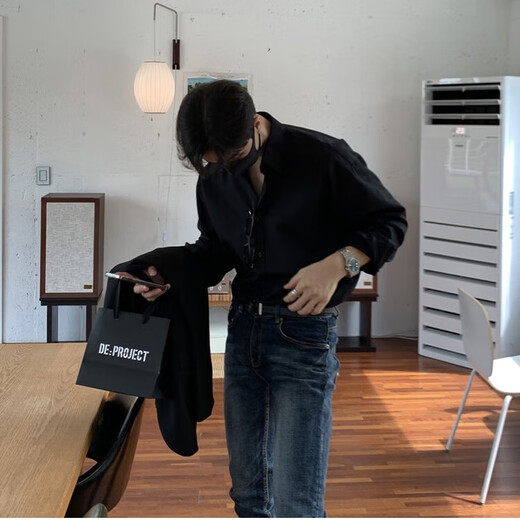 Мужская рубашка Kennedy, высококачественная внутренняя одежда с длинными рукавами, летнее весеннее и осеннее пальто, свободная рубашка из ледяного шелка, черная - с длинными рукавами, слегка эластичная, свободная - рубашка 2XL 170CM-178CM