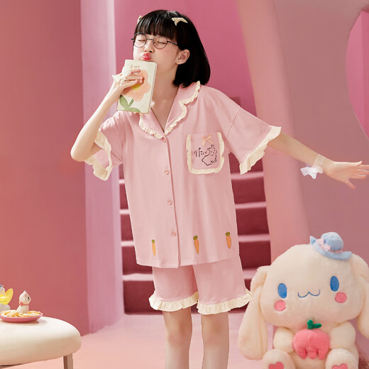 曼妮朵女童睡衣夏季纯棉小女孩新款儿童家居服宝宝开衫短袖短裤套装薄款 B3897绿【双短】 130cm 14码建议125-135cm