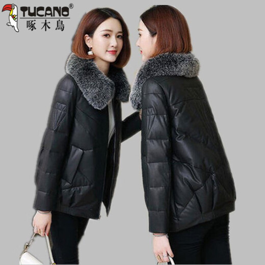 Woodpecker Large Fur Collar Leather Jacket Women's 2025 Autumn and Winter New Korean Style Leather Cotton Jacket Short Thickened Cotton Jacket Gray M Recommended 95-110Jin Jin equals 0.5 kg