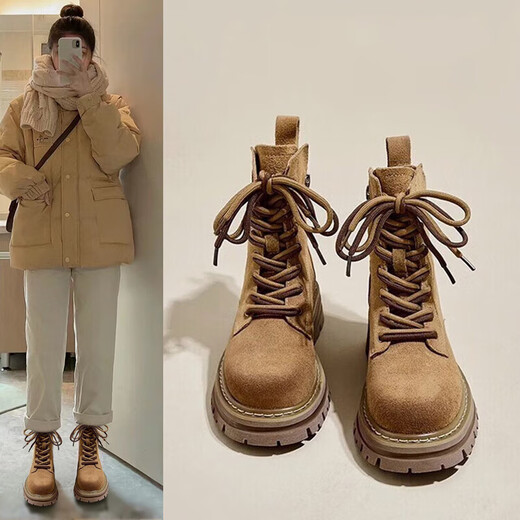 九寸阳光马丁靴女2025春秋新款复古工装西部牛仔靴厚底内增高短靴棕色户外 39码马丁靴女7孔棕色