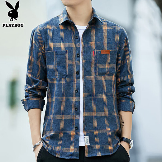 Playboy (PLAYBOY) long-sleeved shirt men's loose autumn and winter trendy plaid shirt men's casual shirt jacket yellow XL