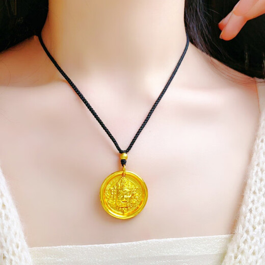 Muqian gold-coated silver-coated ancient yellow God of Wealth pendant rope for men and women, 5D gold-coated silver round brand lucky sweater chain, weighted yellow God of Wealth pendant, free black rope, gold-coated about 0.