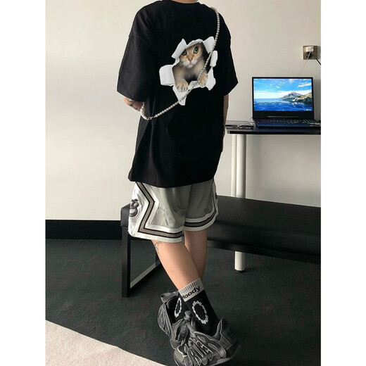 迪伽达短袖t恤男士夏季新款美式潮牌潮流设计感猫咪打底衫情侣五分半袖 MSL-C683黑色（在后） L （尺码偏小建议大一码）