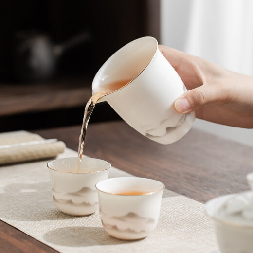 Gold inlaid jade mutton fat jade porcelain tea set white porcelain complete set ceramic Kung Fu tea set men's gift housewarming wedding moving gift Yunhai painted gold mutton fat jade porcelain tea set