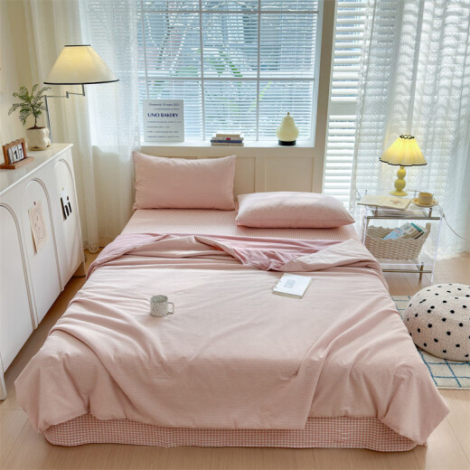 Yunmanqing Class A maternal and infant grade cotton air-conditioned quilt four-piece set soybean pure cotton summer cooling quilt dormitory single and double four-season cotton quilt small grid-pink (pillowcase stripe + plaid) 1.8-sheet style summer quilt four-piece set