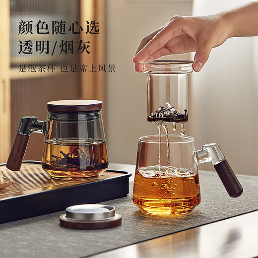 YIHUTEA tea cup glass green tea tea cup men's household thickened high temperature resistant tea water separation tea ceremony water cup with handle mountain peaks visible in the water pure mountain bottom cup 500ml