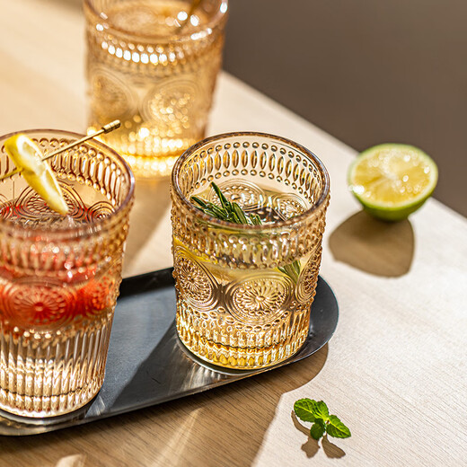 Modern housewife No details Glass embossed household water cup set Women's ins style cup Summer coffee cup complete set Small flower low cup 300ML (six pieces) + cup holder set