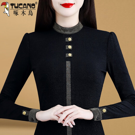Woodpecker 2025 new model stand-up collar bottoming shirt long-sleeved women's warm temperament inner with velvet thickened western style top fashionable and versatile black boutique ready stock plus velvet 4XL 140-155Jin Jin is equal to 0.5 kg