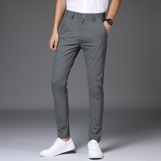 Septwolves Pantalon en soie glacée à haute élasticité pour hommes 2025 Été Mince Jambe droite Pantalon décontracté ample Marque de mode pour hommes Drapey Pantalon sur mesure 1098 Gris Pantalon d'été à neuf points 28 Taille 2 pieds 1