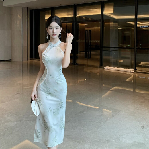 Spring Man (TANHUANGREN) new retro design improved cheongsam beaded halterneck slim hip dress for ladies Picture color M