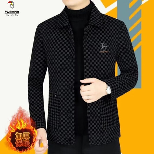 Woodpecker (TUCANO) velvet thickened woolen jacket for men 2023 spring, autumn and winter new style lapel casual jacket woolen top trendy black XL recommended 110-125Jin Jin equals 0.5 kg