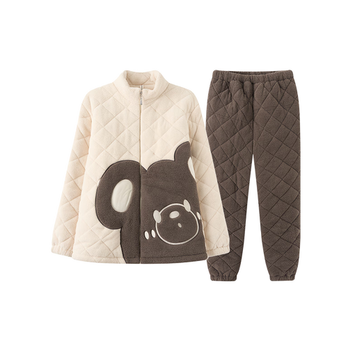 Fenten couple's pajamas autumn and winter quilted plus velvet stand-up collar anti-static long-sleeved pajamas set cartoon bear home clothes off-white-men's XL