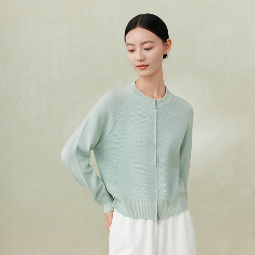 Fenidi brand sweater 2024 spring new style pure wool round neck double zipper sweater for women aqua L