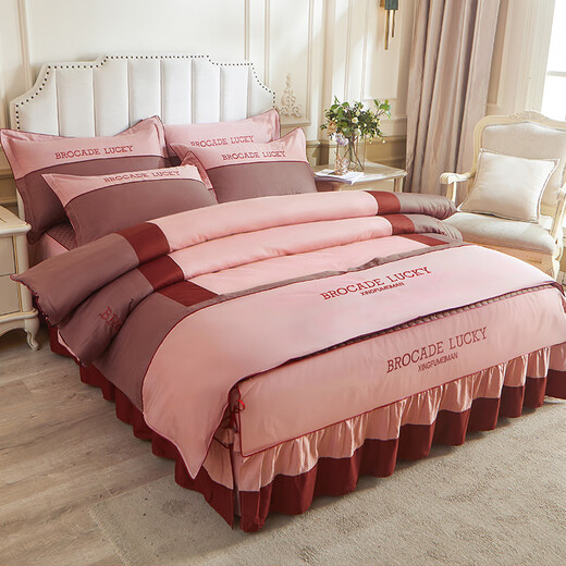 Hui Aifu Anna pure cotton Korean version wedding kit pure cotton bed four-piece set winter bedspread bed skirt style 1.8m 2 meters quilted thickened Roman bean paste quilted four-piece set 1.5m 5 feet bed