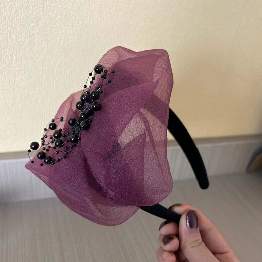 CHUXIANG super wide-brimmed mesh half-hat headband for women, French-style hairpin to cover gray hair, evening hairpin, temperament, face-showing, small pressed hair headband, headband F050 black A24-305