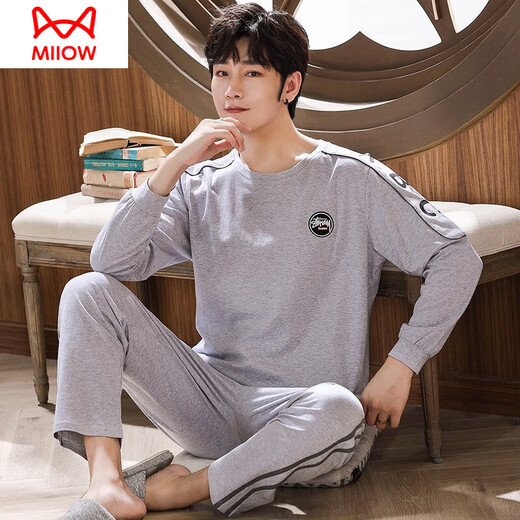 猫人（MiiOW）睡衣男春秋季纯棉长袖青少年学生全棉大码休闲夏季薄款家居服套装 Q6625网球黑 男款XL【135-155斤】
