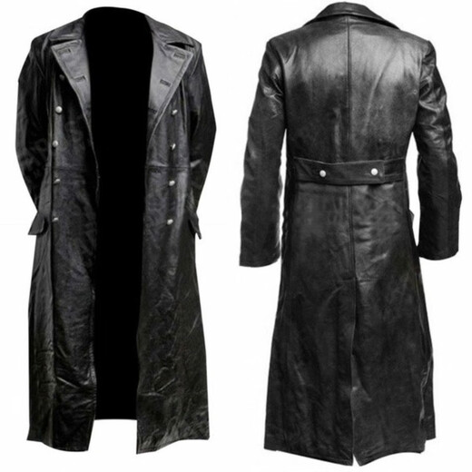 Yimimei Trench Coat World War II German Army Coat Large Size Clothing Long Men's Double-breasted Leather Officer's Uniform Jacket Black S One Size