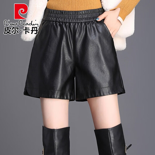 Pierre Cardin 2025 new autumn and winter versatile pu leather shorts for women with fat mm elastic waist 200Jin Jin equals 0.5kg loose slimming wide legs 6689 black XL recommended 110-130Jin Jin equals 0.5kg
