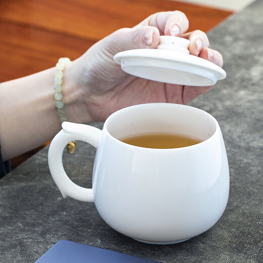 Yuquan Longmen mutton-fat jade glazed office cup Dehua white porcelain tea cup large-capacity water cup household drinking tea cup with lid 3. Longteng office cup (without liner) 380ml