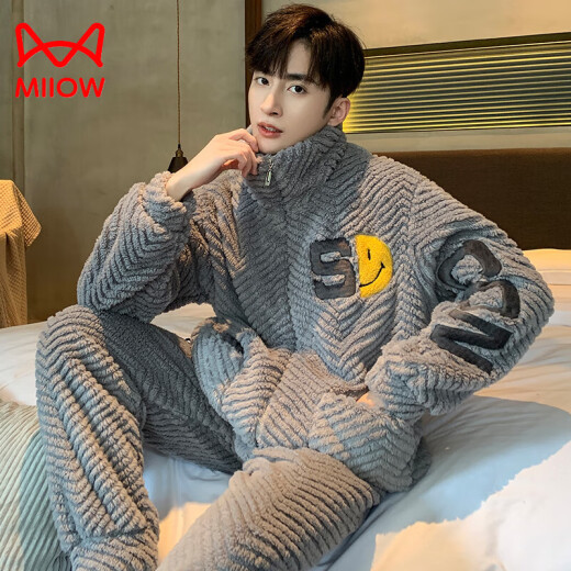 Cat Man (Miiow) Pajamas para hombres Autumn and Winter Style Coral Velvet Plus Velvet Flannel engrosado con cremallera Caliente Estudiante Estudiante Conjunto de ropa para el invierno 3527- M Men's L (altura sugerida 165-170c, peso 110