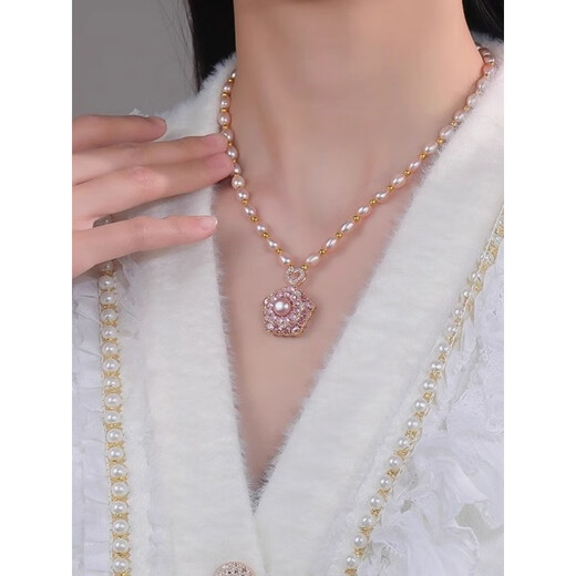 QUAMER Gold Store Flower Natural Freshwater Pearl Necklace Women's Simple Versatile Zircon Clavicle Chain New Chinese Style Purple Yulu Has You Pearl Necklace