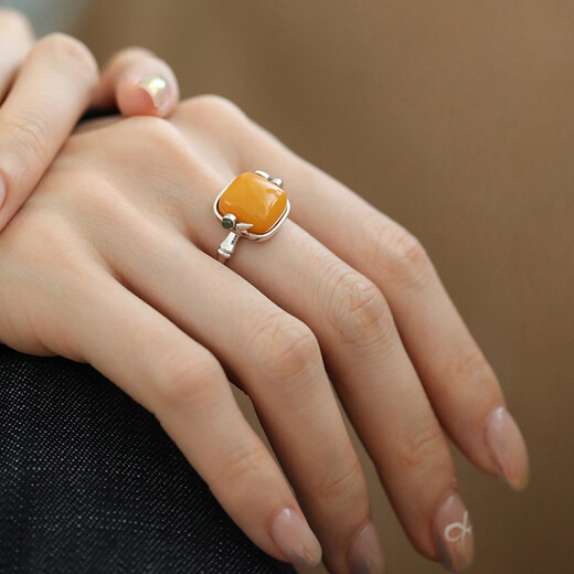 BOIGO925 silver amber beeswax ring for women retro bamboo square Chinese style open ring for women adjustable ring