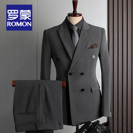 ROMON suit men's British style double-breasted business casual suit three-piece groom's wedding dress small suit men's black two-piece suit (suit + pants) 54/2XL size, free brooch + pocket square