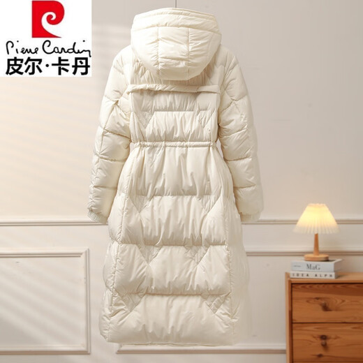 Pierre Cardin 2025 Winter New Down Jacket Women's Korean Style Belted Mid-Length Long Over the Knee Hooded Waist White Duck Down Warmth Beige S Recommended 80-125 Jin Jin equals 0.5 kg