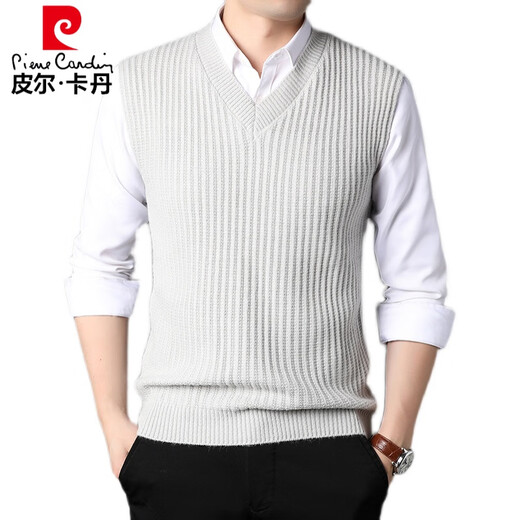 Pierre Cardin knitted vest men's V-neck loose solid color bottoming shirt autumn and winter sleeveless sweater soft imitation mink vest trendy white 170/L
