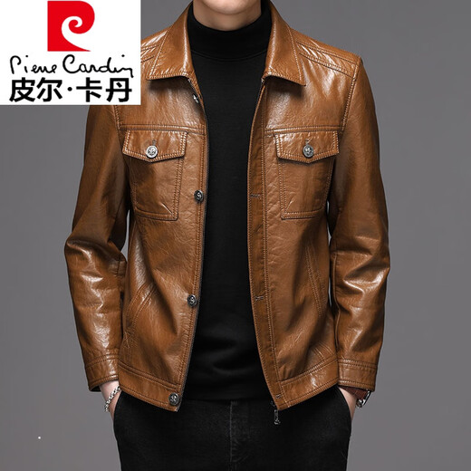 Pierre Cardin brand high-end Haining leather jacket for men, top-layer sheepskin, trendy Korean motorcycle leather jacket, youth slim jacket, 9908 model yellow, regular M-170 110-125Jin Jin is equal to about 0.5 kg
