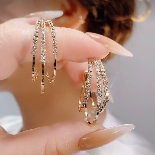 Fat Donglai same style 18k gold hoop earrings silver plated 18K gold Sansheng III round ear buckle earrings with diamond earrings 251 gold white diamond