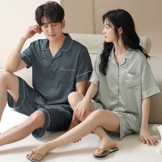 莫代尔冰丝情侣睡衣男女士夏季翻领开衫薄款短袖短裤亲肤舒适家居服套装 男09M16602女09M16802 女M