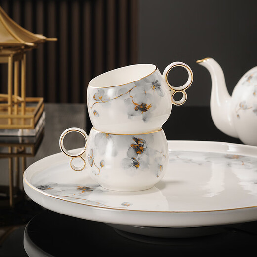 Yanze bone china rotatable water set tea set teapot teacup set opening housewarming gift light luxury high-end gift box bone china Hanmei elegant set-wooden gift box
