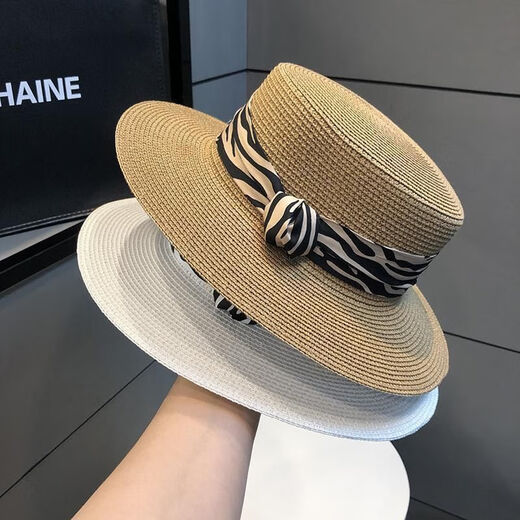 Tuzun Flat Top Hat Summer French Straw Hat Retro Zebra Sun New Hat Outdoor Vacation Sun Visor Hat 5cm brim light brown light brown black belt Recommended head circumference 56-58cm