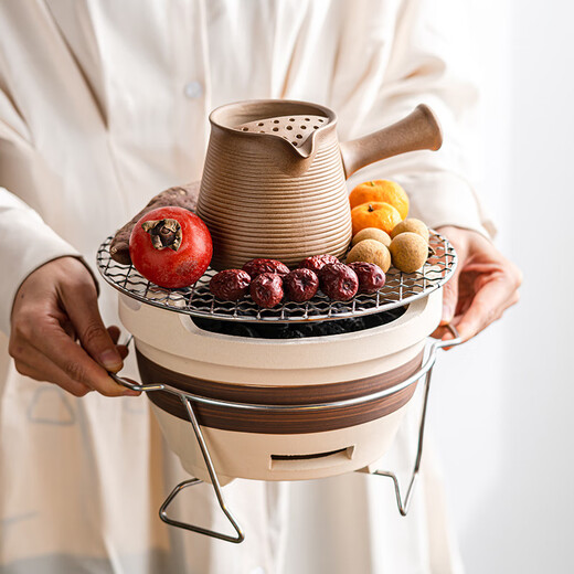 Fu Jian BBQ stove, tea-cooking stove set, outdoor charcoal stove, barbecue and heating, household indoor stove, 24CM extra large complete set (ceramic stove + grilling net + iron frame)