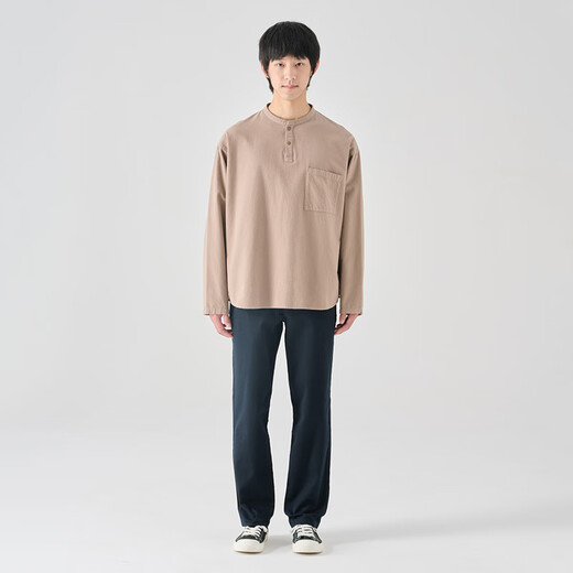 MUJI men's flannel henley collar shirt long-sleeved casual all-match shirt men's t-shirt AC08CC3A light gray brown M(170/92A)