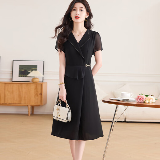 Ehangy国际大牌女装轻奢高端连衣裙夏季新款时尚百搭洋气减龄感裙子 黑色【高端礼盒】 XL