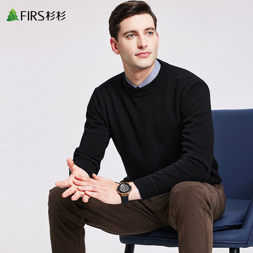 
Shanshan (FIRS) pure wool plus fluff sweater for men autumn and winter new round neck base casual warmth thick sweater 677 Black M (170)