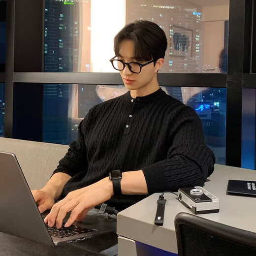 Nanzihan Autumn and Winter Korean Fashion Henley Collar Heavy Knitted Sweater Men's Twist Sweater Loose Lazy Style Warm Top Trendy Gray L