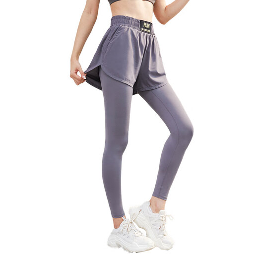 Vansydical Women's Fitness Pants High Elasticity Slimming Breathable Running Pants Sports Training Quick-Drying Anti-Exposed Fake Two-Piece Yoga Pants FBF2339402 Titanium Gray L (Recommended 105-120 Jin Jin equals 0.5 kg)