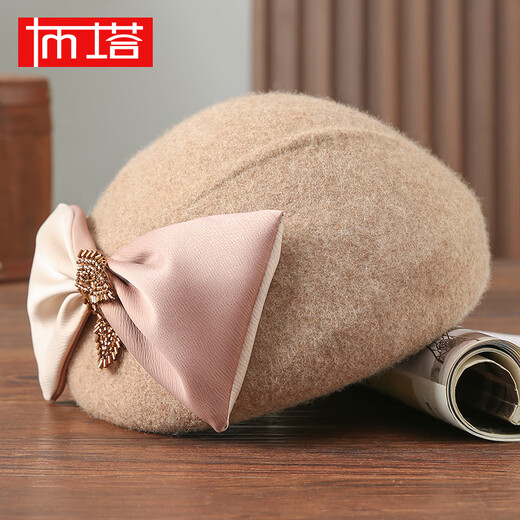 Buta autumn and winter wool beret retro woolen hat women's winter new big bow retro temperament beret hat burgundy