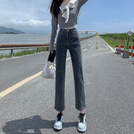 PMOG高腰显瘦直筒牛仔裤女秋冬ins小个子九分裤弹力百搭烟管裤子 黑色#757 S