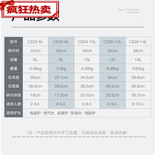 压力锅一键开合不锈钢电磁炉燃气通用 1英寸 10L cs22-  12210寸 10L
