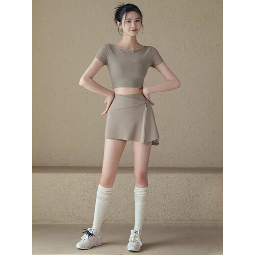 LULUUVTTOH sports shorts women's two-piece anti-exposure running fitness Pilates tennis badminton yoga skirt pants for women almond color true two-piece shorts + hip-covering skirt M