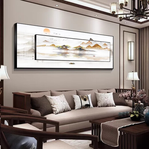 翁画师新中式客厅背景墙装饰画高档大气山水挂画轻奢沙发办公室书房壁画 T11991 大120*40+小90*30 高端晶瓷画+铝合金框+亮面反光