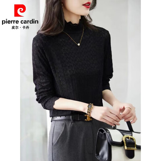 Pierre Cardin Lace Top Women's Slim Fit Half-Turtle Collar Long-Sleeved Hollow Inner Western-style Bottoming Shirt 2025 Spring and Autumn New Niche Black Lined 3XL