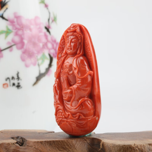 Classic natural Taiwan Momo red organic gemstone coral master carved Guanyin pendant